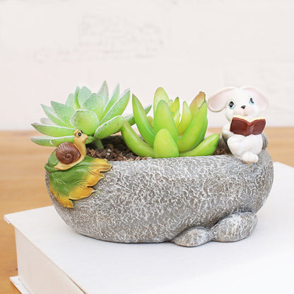  Cute Rabbit Reading Resin Succulent Pot