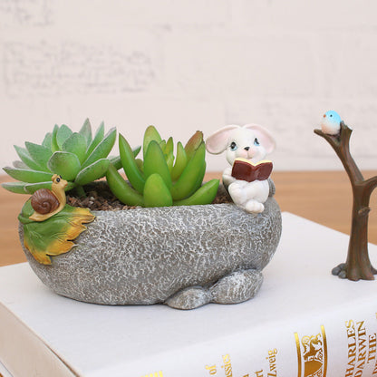  Cute Rabbit Reading Resin Succulent Pot