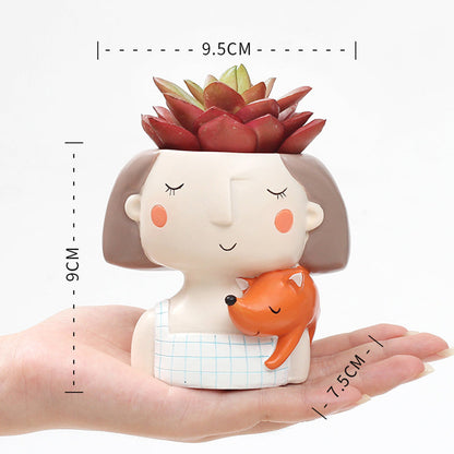  Girl With Fox Resin Succulent Pot