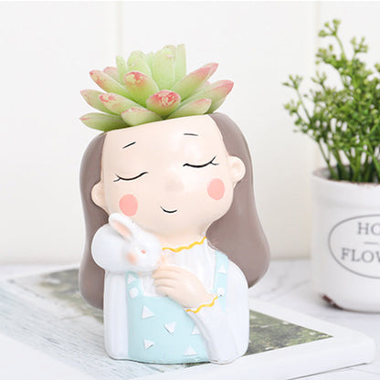  Girl With Rabbit Resin Succulent Pot