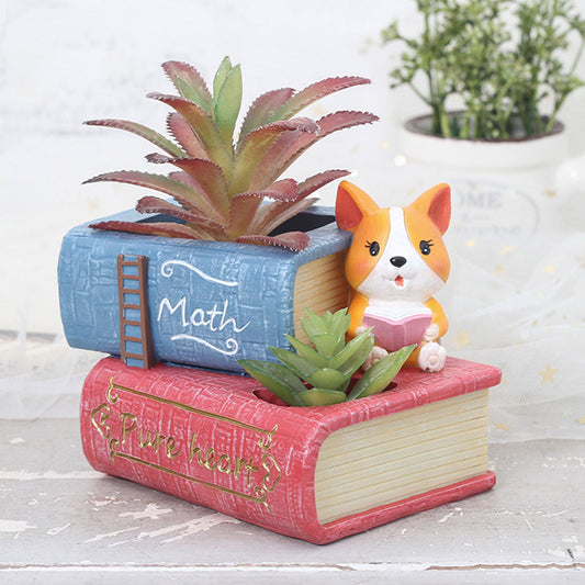  Cute Corgi Dog Reading Book Succulent Pot