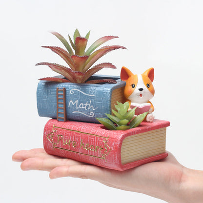  Cute Corgi Dog Reading Book Succulent Pot