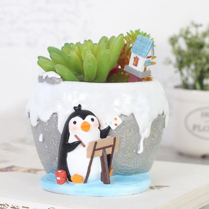  Cute Painting Penguin Resin Succulent Pot