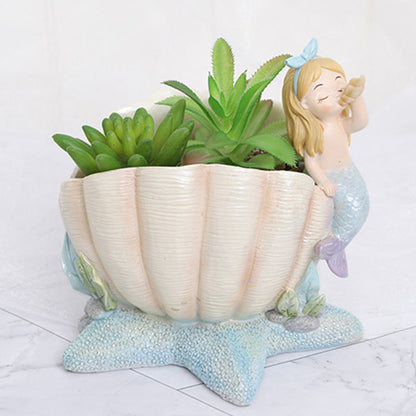  Cute Mermaid Blowing Shell Resin Succulent Pot