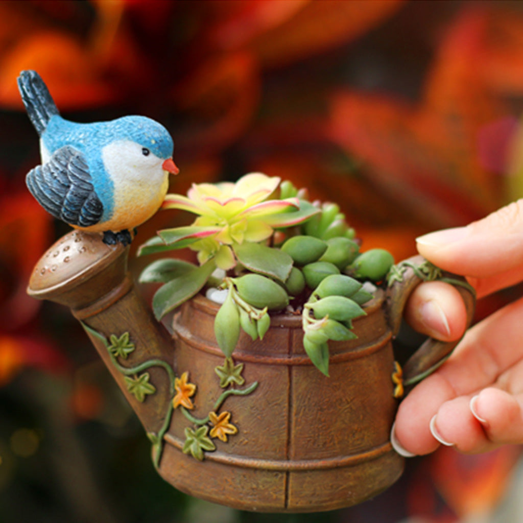  Watering Can With Bird Resin Succulent Pot