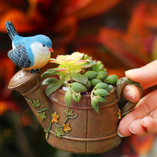  Watering Can With Bird Resin Succulent Pot