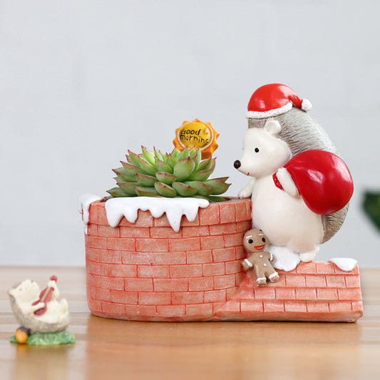  Christmas Hedgehog On Chimney Resin Succulent Pot