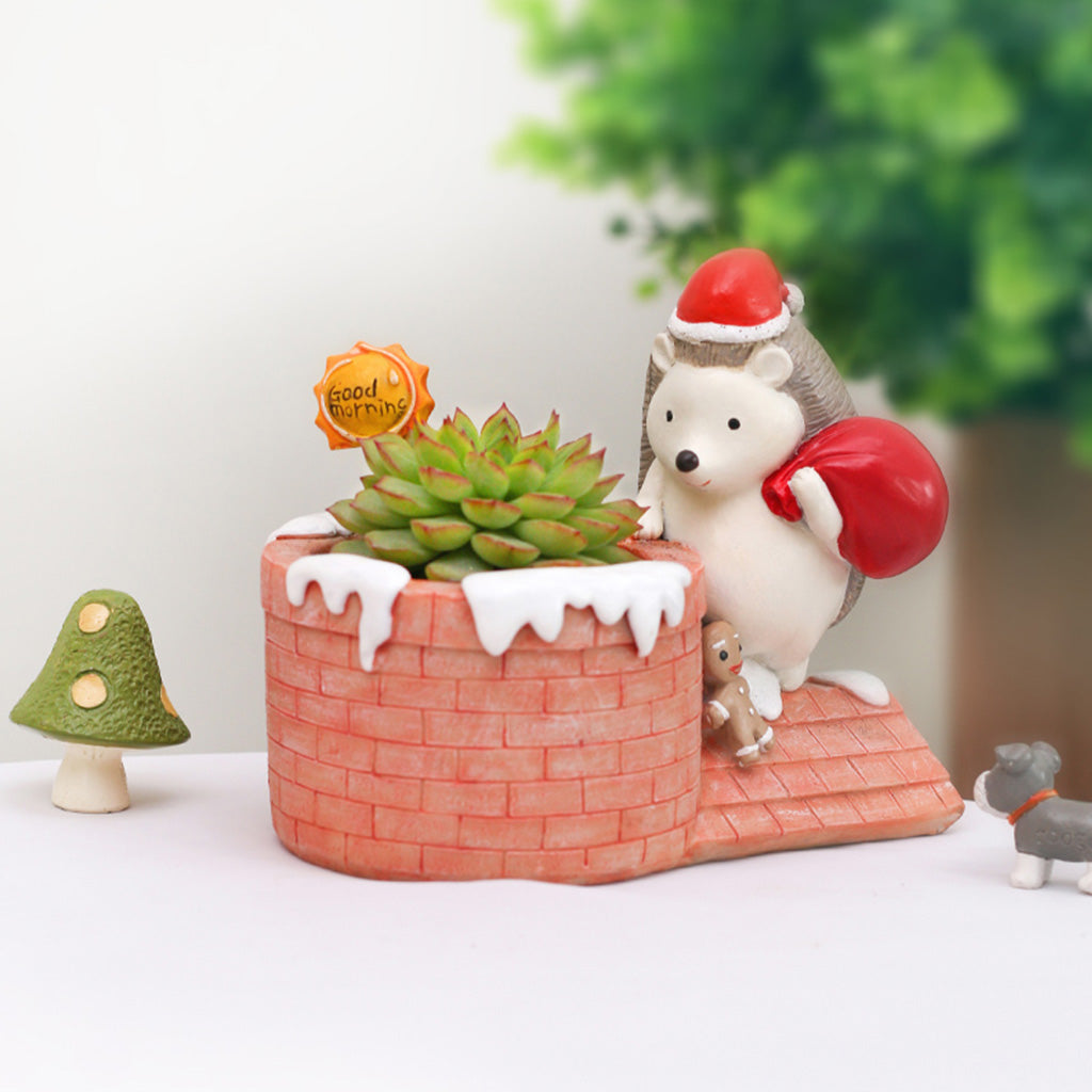  Christmas Hedgehog On Chimney Resin Succulent Pot