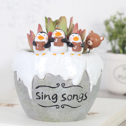  Singing Penguins Resin Succulent Pot